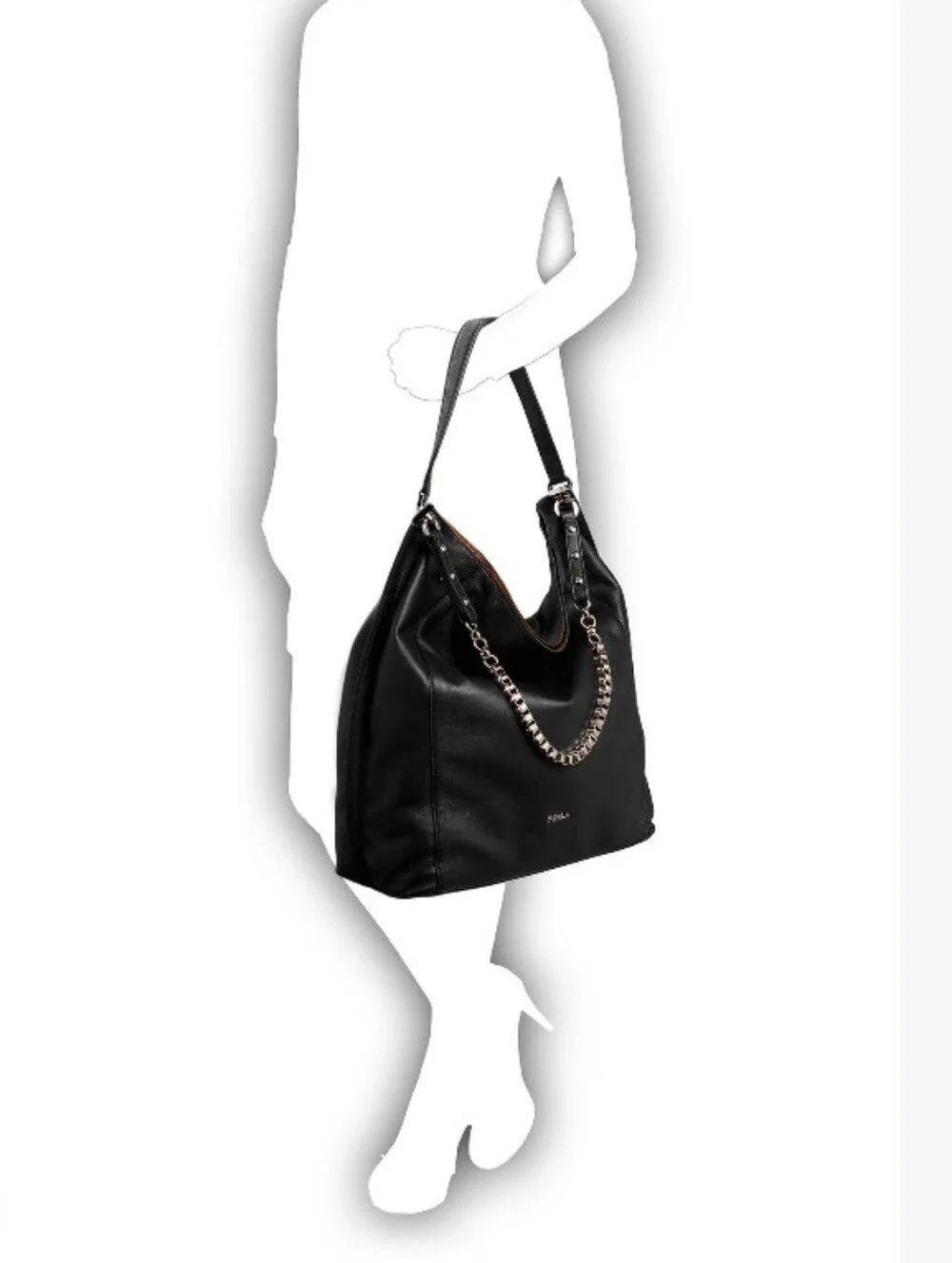 Furla Minerva Hobo Black/ Blue Leather Shoulder Bag with Gold Chain Accent